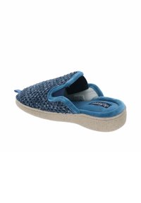 Zuecos deslizables de color azul, tejidas, que cuentan con una parte superior texturizada, un cuello acolchado y una suela de goma beige con una ligera curvatura.
