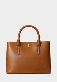 Brown leather handbag with rounded handles, gold-tone hardware, and stitched detailing. Features a logo plaque on the front.