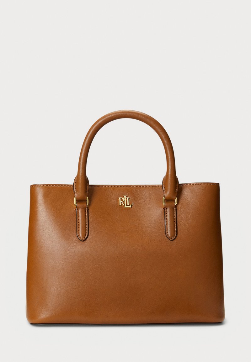 Brown leather handbag with rounded handles, gold-tone hardware, and stitched detailing. Features a logo plaque on the front.