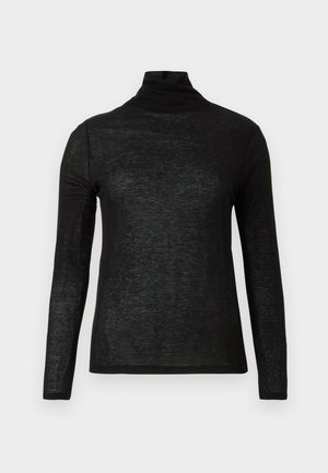 Crna dugački rukav poluprozirna turtleneck majica s uskim krojem i jednostavnim dizajnom na bijeloj pozadini.