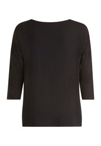 Chemise noire à manches longues avec un col large et une coupe décontractée et ample, vue de dos sur un fond blanc.