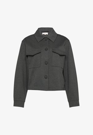 Dark gray cropped jacket made of soft fabric, featuring a pointed collar, button front, and two chest pockets with flaps.