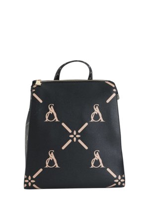 Borsa quadrata nera con motivi decorativi beige che includono una lettera A stilizzata e forme simili a fiori, e un piccolo manico superiore.