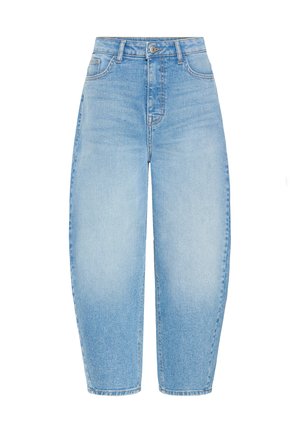 Hele sinised teksapüksid, lõdva istuvusega, kõrge vöökohaga ja sirge säärekujundusega. Omavad klassikalist viiepistemelist taskut ja nööpidega sulgemist.