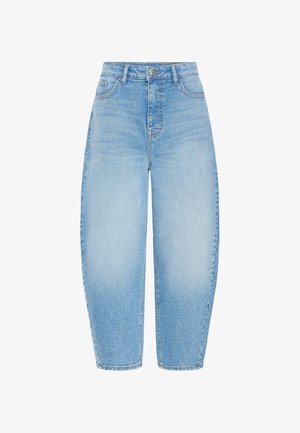 Hele sinised teksapüksid, lõdva istuvusega, kõrge vöökohaga ja sirge säärekujundusega. Omavad klassikalist viiepistemelist taskut ja nööpidega sulgemist.