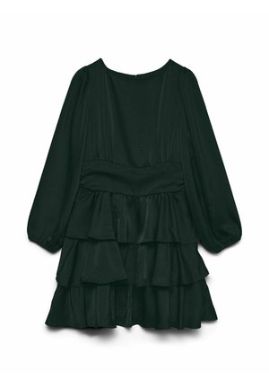Mørkegrønn kjole i mykt stoff med lange puffermærmer, innsnevret midje og lagdelte volanger på skjørtet. Glidelås i ryggen.