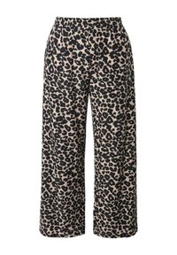 Leopardprint wijde broek met een elastische tailleband, gemaakt van een zachte stof in beige en zwarte kleuren, met een losse, casual pasvorm.