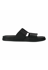 Black slide sandal with two wide straps overlapping at the top, made of smooth synthetic material, featuring a flat rubber sole.