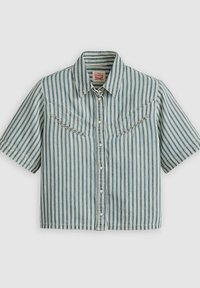 Camicia a maniche corte in tessuto a righe blu e bianche, con colletto a punta, bottoni frontali e due tasche sul petto con cuciture decorative.
