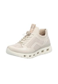 Light beige athletic shoe with a mesh upper, elastic laces, and a cushioned, chunky sole featuring ventilation openings.