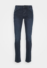 Mörkblå denimjeans med slim fit, femfickorsdesign, bälteshällor och en slät yta. Har dragkedja och knappstängning.