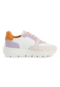 Multicolored sneaker in white, lavender, and orange, featuring a textured suede heel, pastel accents, and a chunky white sole with traction.