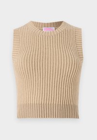 Débardeur en tricot côtelé beige avec un col rond et sans manches. Présente un motif texturé et une palette de couleurs neutres.