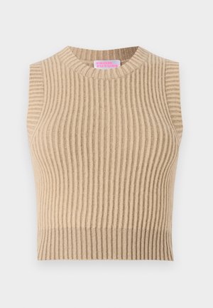 Top sin mangas de punto acanalado color beige con un escote redondo. Presenta un patrón texturizado y una paleta de colores neutros.