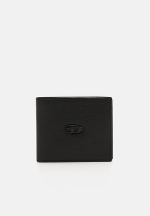 Black leather wallet with a textured finish and a circular embossed logo on the front. Compact, with a simple rectangular shape.