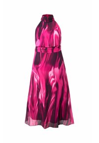 Ärmelloses Neckholderkleid mit hohem Kragen in glänzendem pink-schwarzem abstraktem Muster, tailliert und mit fließendem Midirock.