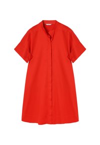 Red shirt dress made of smooth fabric, featuring a mandarin collar, short sleeves, and a relaxed, A-line silhouette without patterns or embellishments.