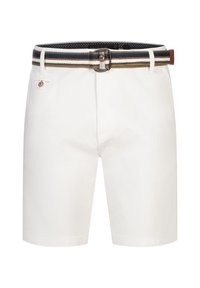 White cotton shorts featuring a patterned fabric belt with blue, brown, and green stripes. Includes a front pocket with button closure.