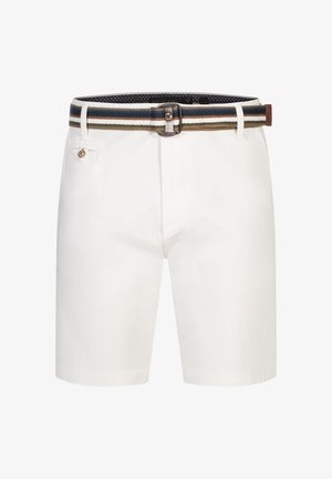 Witte katoenen shorts met een gestreepte stoffen riem in blauw, bruin en groen. Inclusief een voorzak met knoopsluiting.