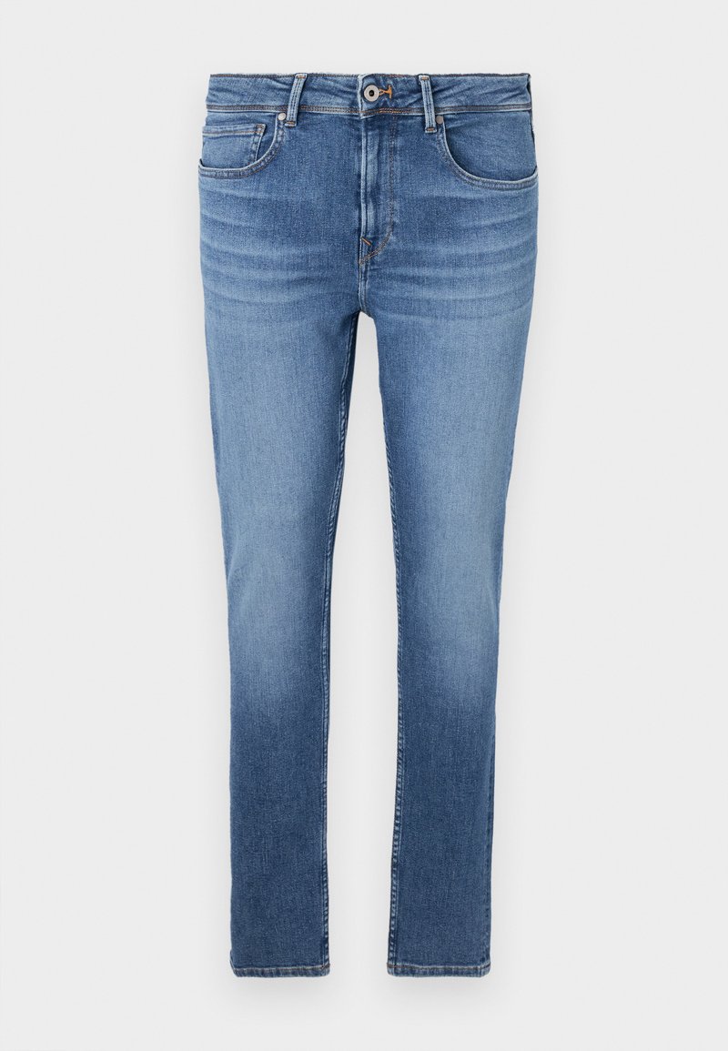 Jeans de mezclilla azul claro con un corte slim, diseño de cinco bolsillos y un ligero desgastado. Presentan un cierre de botón y pasadores para cinturón. Longitud de entrepierna estándar.