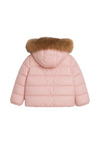 Giacca a vento rosa con cappuccio foderato in pelliccia. Design a trapunta orizzontale e polsini elastici. Texture morbida e liscia con una silhouette informale.