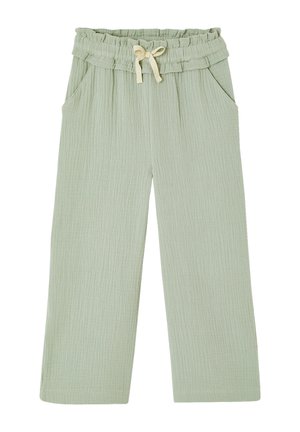 Light green wide-leg pants with elastic ruffled waistband, cream drawstring tie, and side pockets, made from textured fabric.