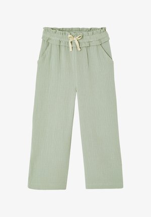 Hellgrüne Hosen mit weitem Bein, elastischem, gerafftem Bund, cremefarbenem Kordelzug und Seitentaschen aus strukturiertem Stoff.