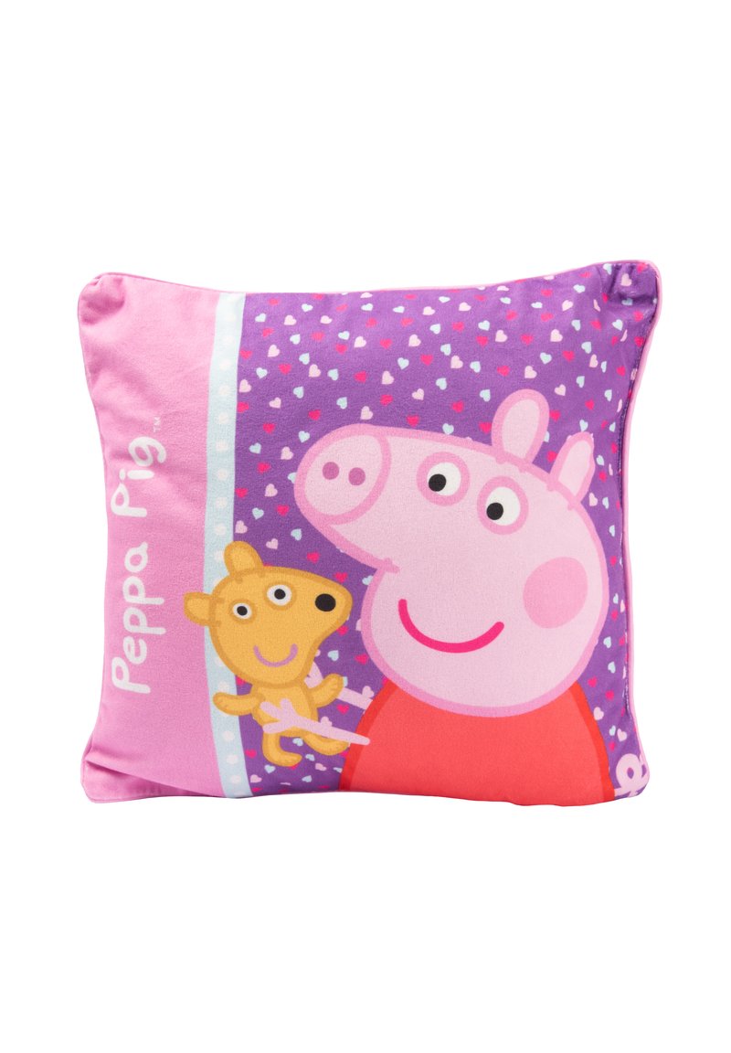 Cuscino quadrato con Peppa Pig e un personaggio giallo su uno sfondo viola con cuori multicolori. Bordo rosa e texture di tessuto morbido.