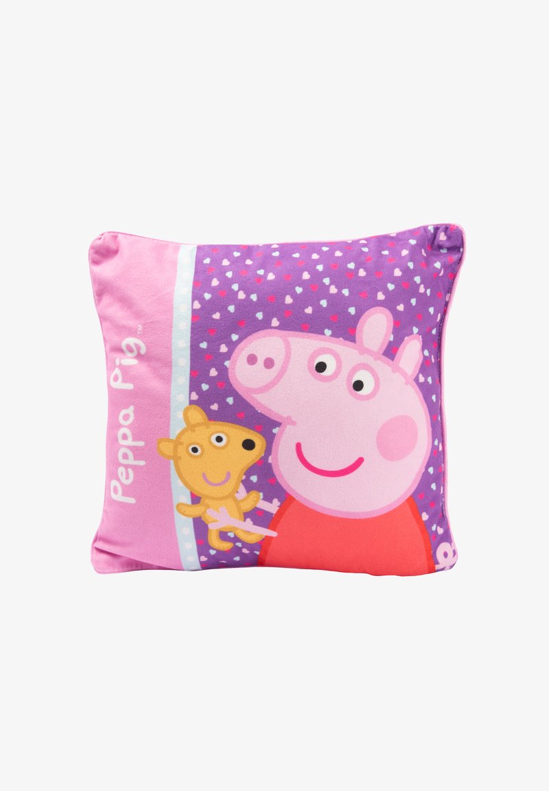 Square pillow featuring Peppa Pig and a yellow character on a purple background with multicolored hearts. Pink edges and soft fabric texture.