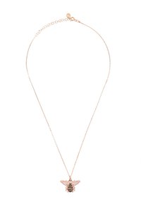 Rózsa arany nyaklánc, amelyen egy méhecskét ábrázoló medál található, feketés és átlátszó kristályokkal díszítve, finom lánccal és kapoccsal.