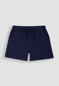Pantaloni corti in cotone blu navy con vita elastica, cordoncino e due tasche laterali. Presentano una texture liscia e un design semplice.