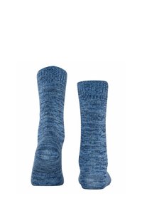 Calze blu lavorate a maglia con un motivo testurizzato, caratterizzate da un polsino a costine e una lunghezza fino al polpaccio. Tessuto morbido, caldo e elastico.