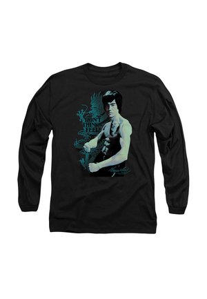 Black long-sleeve t-shirt featuring a graphic of a muscular figure with text "DON'T THINK, FEEL!" and a dragon illustration in teal.