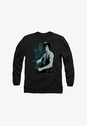 Black long-sleeve t-shirt featuring a graphic of a muscular figure with text "DON'T THINK, FEEL!" and a dragon illustration in teal.