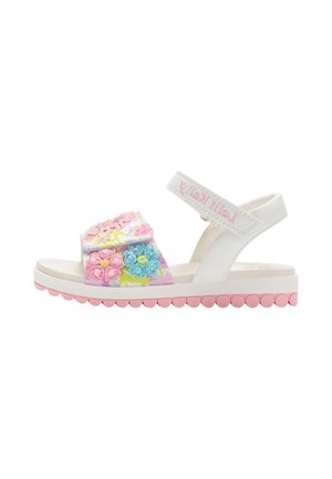 Sandalo bianco per bambini con suola rosa smerlata, cinturini in velcro e decorazioni floreali colorate ricamate sulla fascia anteriore.
