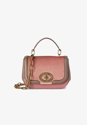 Kleine Handtasche in Rosa- und Taupetönen, mit einem goldfarbenen Kettenträger, einem oberen Griff und einem auffälligen ovalen Logo auf der Vorderseite.