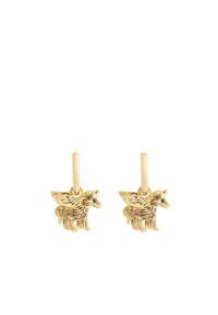 Orecchini in oro con design di cavalli alati, texture dettagliate e piccoli accenti colorati. Leggeri con attacco a cerchio.