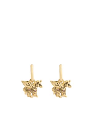 Gold earrings featuring winged horse designs, detailed textures, and small colored accents. Lightweight with a hoop attachment.