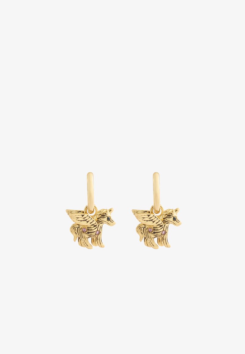 Gold earrings featuring winged horse designs, detailed textures, and small colored accents. Lightweight with a hoop attachment.