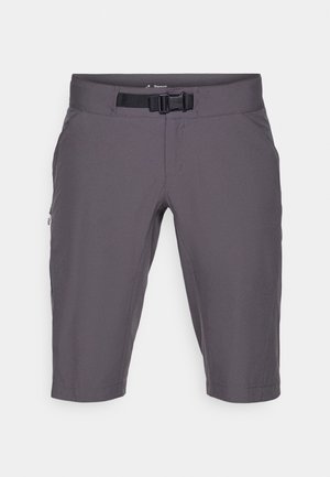 Shorts gris en matériau léger, dotés d'une ceinture, de poches latérales et d'une texture lisse. Design simple sans motifs visibles.