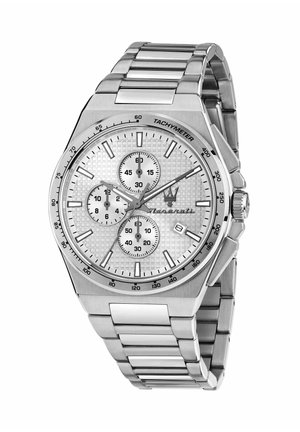 Silberne Chronograph-Armbanduhr aus Edelstahl mit Tachymeter, drei Hilfszifferblättern, Datumsanzeige und strukturiertem Zifferblatt mit Stundenmarkierungen und Markenlogo.