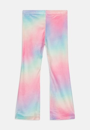 Leggings a zampa d'elefante in morbido velluto con un motivo sfumato di tonalità pastello rosa, blu e viola, dotati di un cinturino elastico.