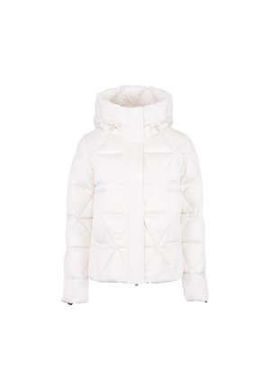 Giacca a vento bianca con colletto alto, motivo trapuntato, zip frontale e cappuccio con cordino. Presenta tasche laterali e una finitura testurizzata.