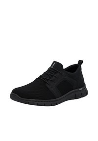 Baskets de sport légères noires avec tige en mesh, lacets élastiques, semelle coussinée et languette d'extraction au talon.