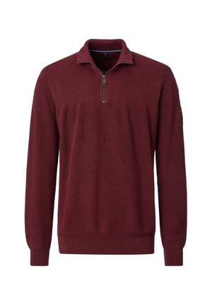 Burgundy pullover sweater with a quarter-zip collar, ribbed texture, long sleeves, and contrasting blue inner collar detail.