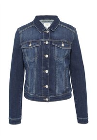 Donkerblauwe denimjas met een klassieke kraag, frontknopen, twee borstzakken en subtiele stikdetails. Langs mouwen met smalle manchetten.