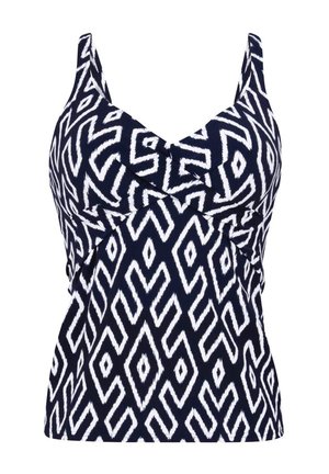 Navy tank top with white geometric pattern. Features wide straps and a gathered design at the bust, crafted from a smooth fabric.
