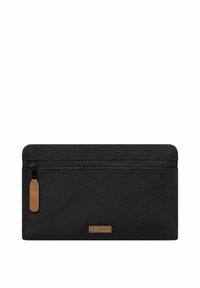 Pochette noire en tissu avec une fermeture éclair sur le dessus. Dotée d'une étiquette en cuir et d'un logo discret. Forme rectangulaire avec une texture lisse. Design compact.