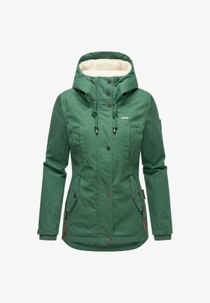 Zelena izolirana jakna s kapuco obloženo s umetnim krznom, z gumbi in vrvico za zategovanje, dvema stranskima žepoma in rebrastimi manšeti.