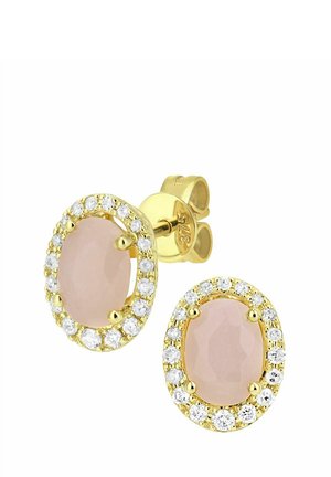 Goldene Ohrringe mit ovalen rosa Steinen, umgeben von einem Halo aus kleinen klaren Kristallen, gesichert mit einem Steckverschluss.